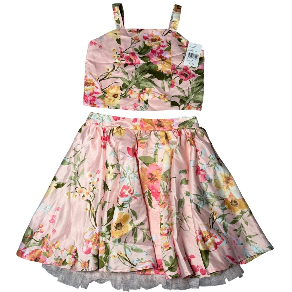 Speechless Kids Girls Pink Floral 2-Piece Satin Skirt Set Crop Top Size 12 NWT